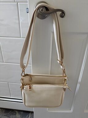 Cream Double-Zip Crossbody Bag with Gold Hardware